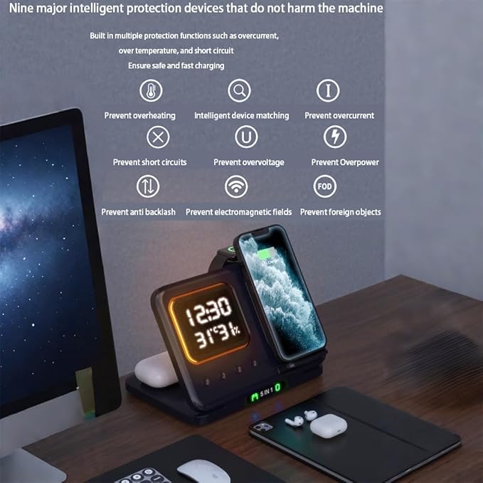 IHAO 5in1 Multi Functional Wireless Charging Station Digital Clock 15W Fast Charging Temperature Display Wireless Charger for All Qi Phone and TWS Headphone Compliant with Apple Watch-DH15 White