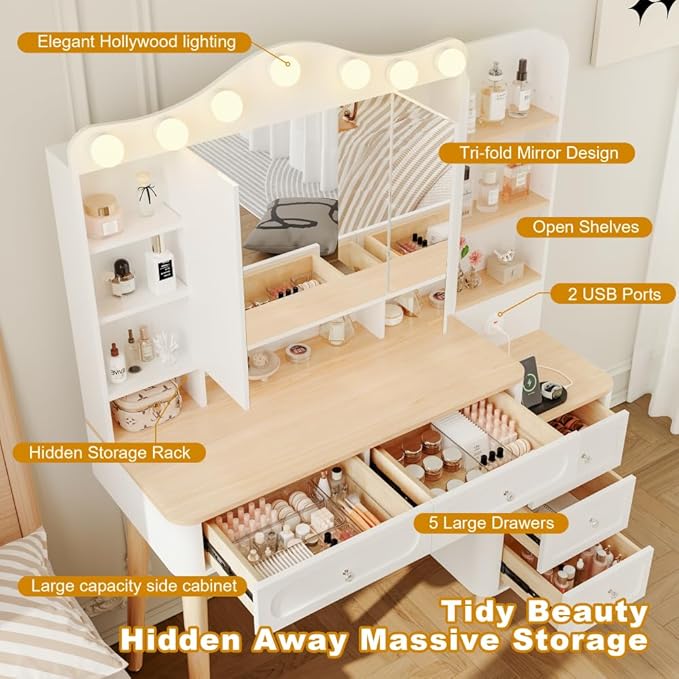 Vanity Desk with Mirror and Lights,Makeup Vanity with 2 USB Power Strip,Vanity Set with Two Drawers and Three-Drawer Chest, 3 Lighting Modes Adjustable Brightness, Foldable Three-Sided Mirror