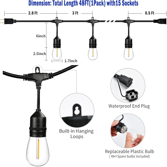 Commercial Outdoor String Lights 48FT, 15+1 LED Replaceable S14 Edison Bulbs 2200K, Black Weatherproof Cord for Patio Bistro Yard Pergola Lights, Linkable