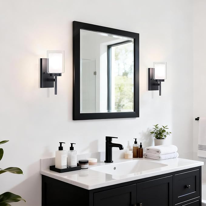 XiNBEi Lighting Wall Light, Classic Indoor 1 Light Black Vanity Sconce Light with Dual Glass Shade for Bathroom Kitchen & Living Room XB-W1276-1-MB