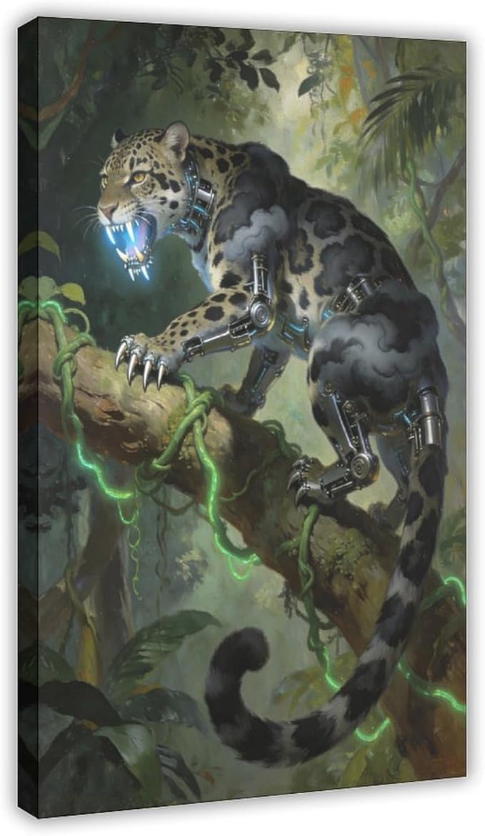 Framed Steampunk Mechanical Leopard Wall Art - Jungle Futuristic Beast Poster for Man Cave Living Room Decor 16x24inch(40x60cm)