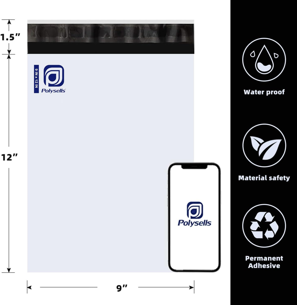 POLYSELLS 100 pack 9x12 Inch Poly Mailers Shipping Envelopes, Strong Adhesive Sealing, Waterproof, and Tear-resistant Postal Mailing Bags for Clothing, Books, and Accessories White