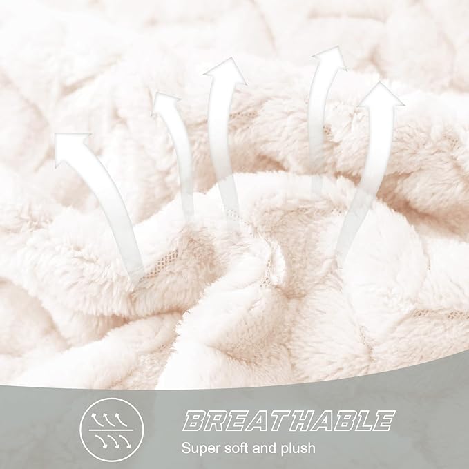 Exclusivo Mezcla Fleece Queen Size Blanket for Bed, 90x90 Inches Soft Cozy Jacquard Flannel Blankets, Lightweight Fuzzy Plush Warm for Winter, Off White