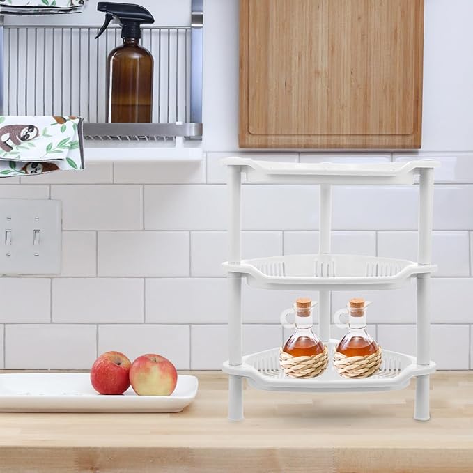 Cabilock 3-Tier Plastic Storage Rack Small Shelves Organizer for Bathroom Kitchen Desk Corner Shelf Stand No-Tool Assembly Compact Space Saving 13.38X11.02X8.26 Inches