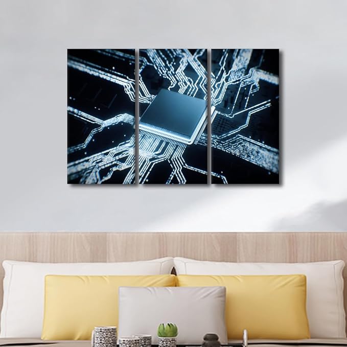 Semiconductor Chip Wall Art for Living Room Decor Circuit Boards Pictures Canvas Print Chip Artwork 3 Pieces Black Framed Art Prints Giclee Gallery-wrapped Posters Framed Ready to Hang, 36" Wx24 H