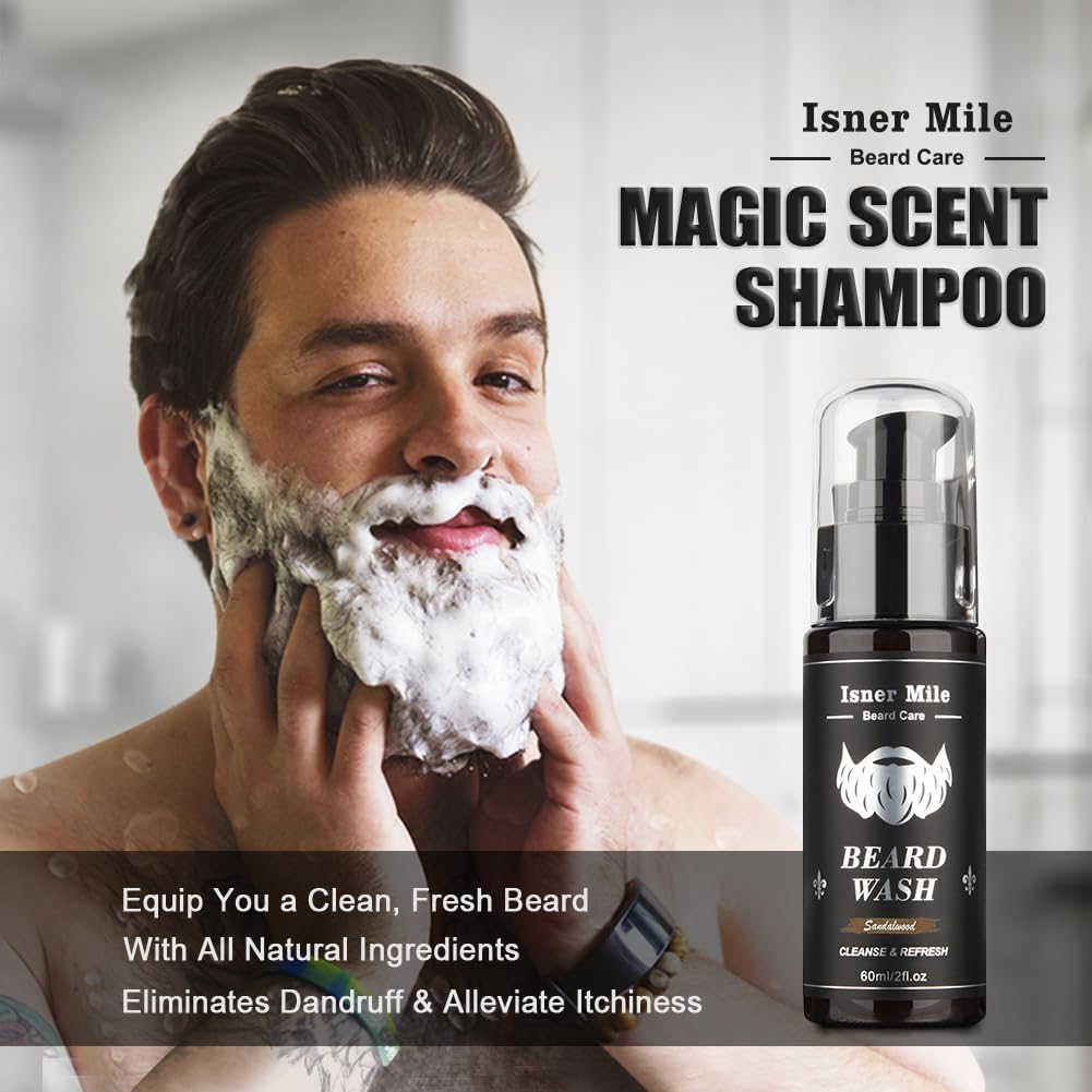 Isner Mile Beard Grooming Kit for Men Care: Trimming Sets with Beard Wash/Shampoo - Oil - Balm - Brush - Comb - Scissors & Storage Bag, Valentines Birthday Fathers Gifts for Dad Men Husband Boyfriend