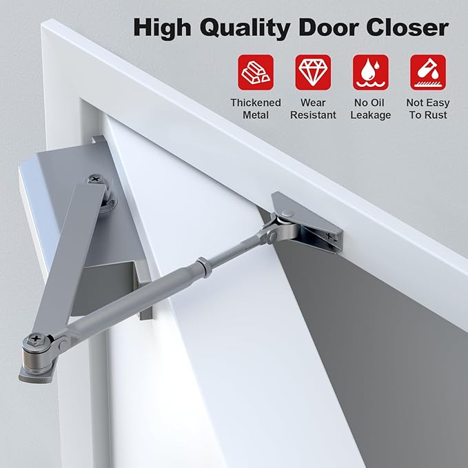 Automatic Door Closer for Home with Hold Open Function, Adjustable Speed Hydraulic Door Closer for Residential and Commercial Use, Silver, Medium