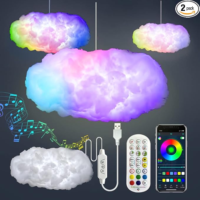 3D Big Cloud lightning Light Kit Music Sync Warm White Multicolor lightning Changing Strip Lights 360 Degree Wireless Remote APP NO DIY Coolest Decorations for Adults and Kids Indoor Home Bedroom