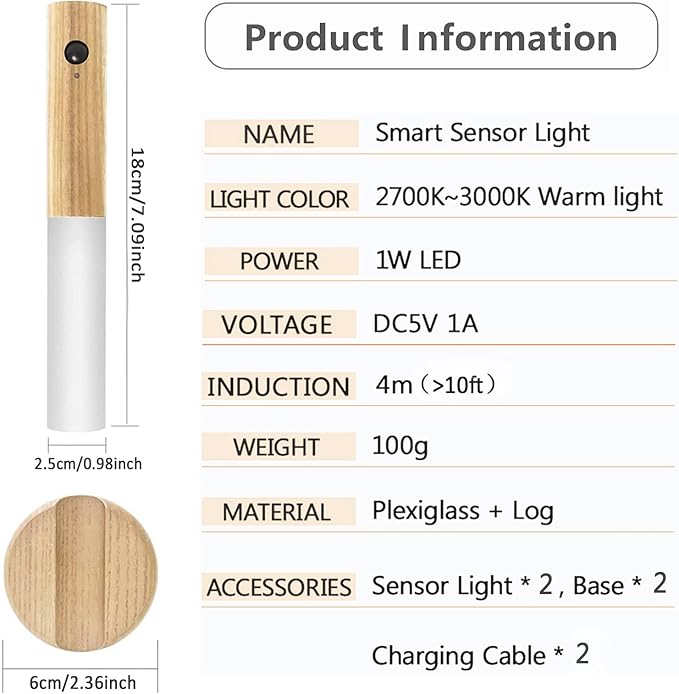 Rechargeable Battery Night Light Motion Sensor Set of 2 LED Wall Lights with 3-Modes Switch Wireless Portable USB Wall Sconces Mini Wood Stick Magnetic Lamp for Bedroom Bathroom Aisle Stairs