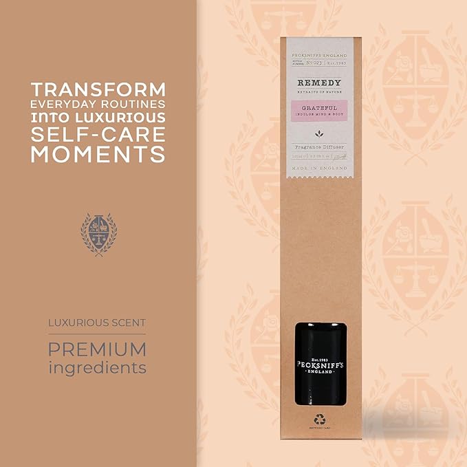 Pecksniff's Grateful Fragrance Diffuser | Indulgent Mind & Body Experience | with Long-Lasting Natural Extracts, Six Rattan Reeds | Made in England, 100ml / 3.3 Fl oz | Home Aroma Solution