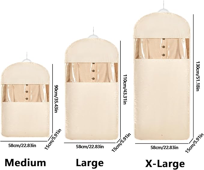 Space Saving Hanging Garment Bag with Self Compression Zipper，Dust Cover Clothes Bags for Down Coat,Dress,Suit，Closet Storage Organizer for Home Travel Use (Beige, L)