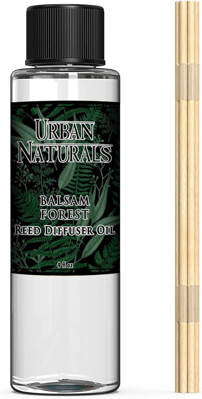 Urban Naturals Balsam Forest Oil Reed Diffuser Refill + Free Set of Reed Sticks - Fragrance Notes of Pine Fir Needles, Evergreen, Woodsy Cedar and Sandalwood – Vegan, 4 oz Made in the USA