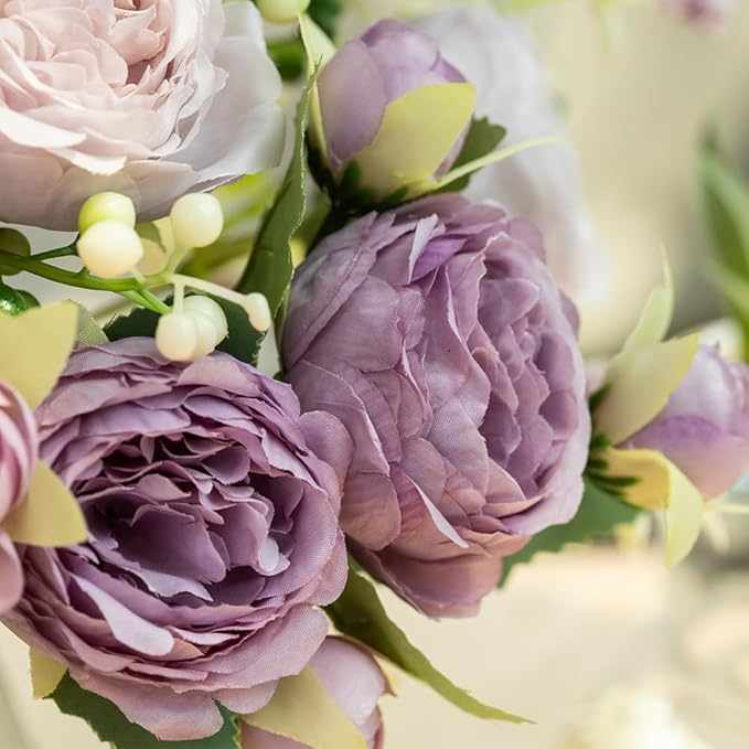 Artificial Peonies Silk Flowers in Glass Vase Faux Flowers Bouquets Modern Penoy Arrangement 4 Pack for Home Decoration Table Centerpiece (Purple)