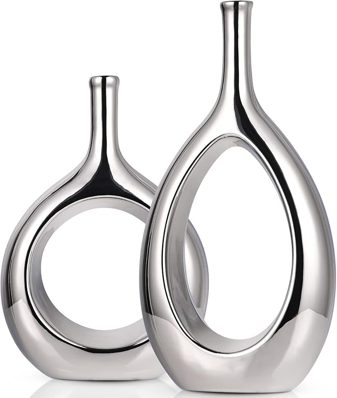 Glossy Silver Vase Ceramic Silver Vases Home Decor,Modern Minimalist Circle with Hole Decorative Vase, Hollow Ellipse Flower vases for Bookshelf, Fireplace Mantle, Centerpieces,Farmhouse,Rustic Décor