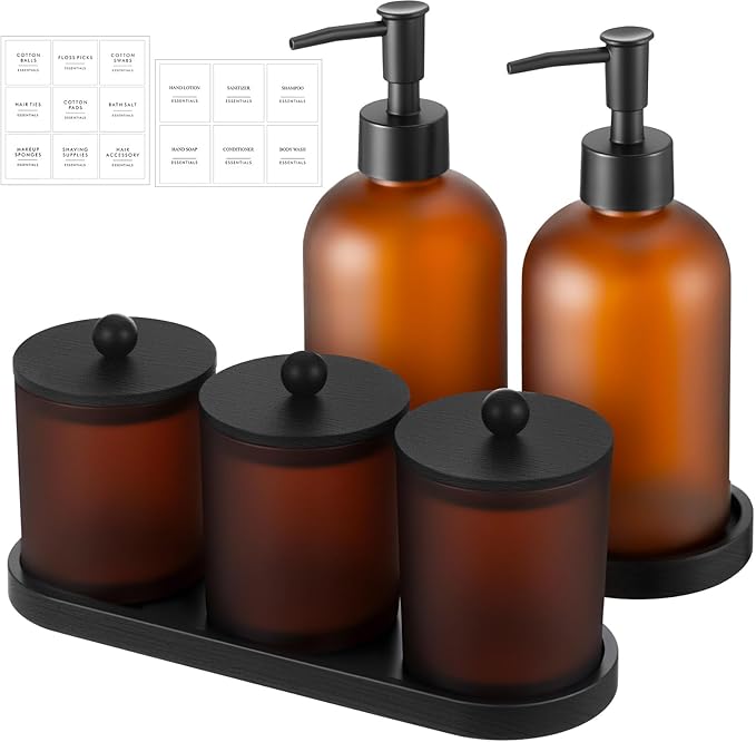 Yaomiao 5 Pack Amber Frosted Glass Bathroom Accessories Set Complete, Kitchen Modern Liquid Soap Dispenser Set with Pump and Wood Tray, Toothbrush Holder Cotton Swab Jars with Lids for Sink Countertop