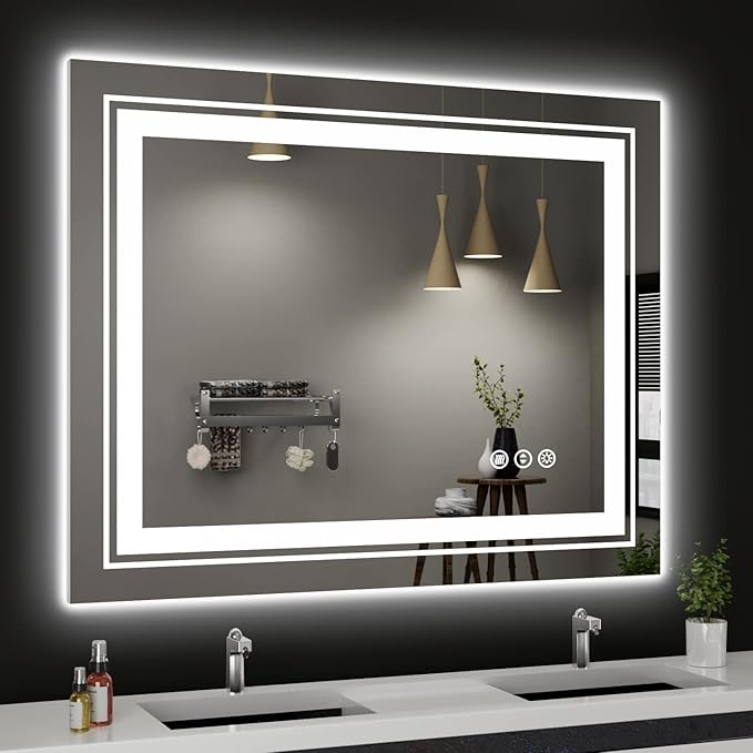 LED Bathroom Mirror, 40"x32" with Front and Backlit, Anti-Fog, Bathroom Vanity Mirror for Wall, Memory Function, Stepless Dimmable, Tempered Glass (Horizontal/Vertical)
