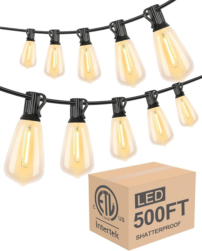 Lightdot 500FT Outdoor String Lights, LED Bistro String Lights with Shatterproof ST38 Bulbs, 2200K Dimmable, Waterproof Hanging Lights for Porch, Party, Garden, Backyard, Balcony - ETL Listed