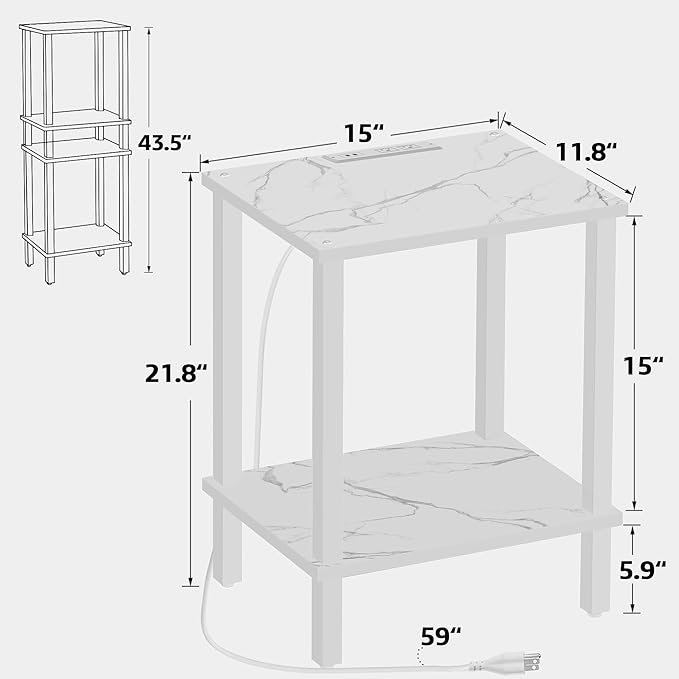 TUTOTAK End Table with Charging Station, Small Side Table with Outlets, Nightstand Bedside Table, 2-Tier Storage Shelf for Small Space, Living Room, Bedroom, Marble White TB01BMW040