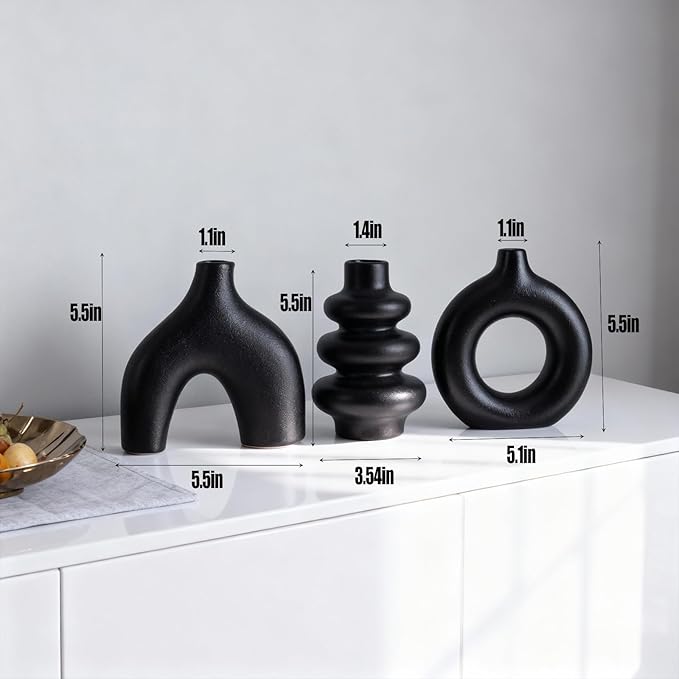 Ceramic 3 Pcs Vase Set,Modern Home Decor Table Centerpiece,Minimalist Nordic Vases, Wedding, Living Room, Bookshelf, Office, Modern Home, Entryway Boho Decor (Black)