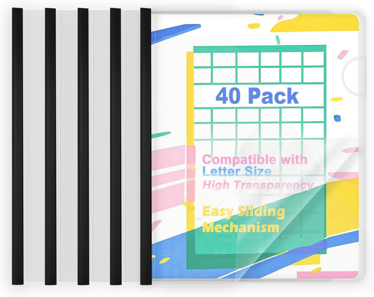 TOTiyea 40 Pack Clear Report Covers with Sliding Bars, 5mm (40 Sheet Capacity) Black Sliding Bar File Folders, for Letter Size