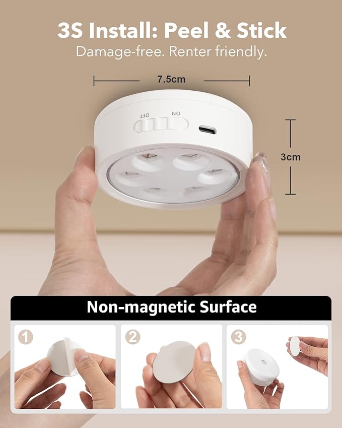 Rechargeable Puck Lights with Remote Control, 2400mAh Battery Powered LED Tap Light Push Lights Stick On for Closet USB Display Shelf Light Magnetic Under Cabinet Press Button Lighting for Classroom