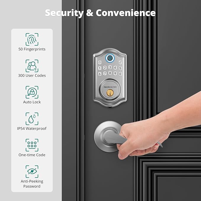 DS10 Keyless Entry Door Lock with 2 Lever Handle, Fingerprint, Keypad Code, 2 Keys, Smart Locks for Front Door, Bedroom, One-time Code, Auto-Lock, Easy Installation - Satin Nickel