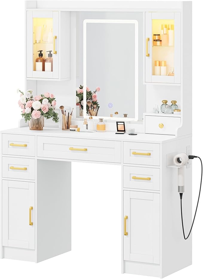 NUNU LAB 42 Inchs Large Vanity Desk with Mirror and Lights with 6 Drawers and 4 Cabinets, Big Women Makeup Table with Power Outlet, 3-Color Adjustable Lighting for Bedroom White