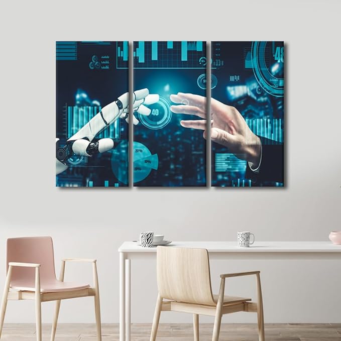 TUMOVO 3 Panels Wall Art Canvas Print Robot Paintings AI Intelligence Pictures Prints on Canvas Contemporary Wall Decor Modern Artwork Giclee Gallery-Wrapped Framed Ready to Hang, 60" Wx40