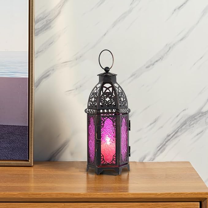 DECORKEY Halloween Lanterns Decorations Indoor & Outdoor, 11’’ Medium Size Vintage Metal Hanging&Tabletop Candle Holder Decor, Christmas Ramadan Decorations for Home Porch Patio (Purple)