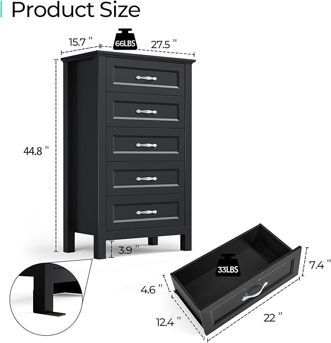 LINSY HOME Dresser for Bedroom, 5 Drawer Dresser with Metal Handles, Tall Chest of Drawers for Living Room, Entryway and Hallway, Black