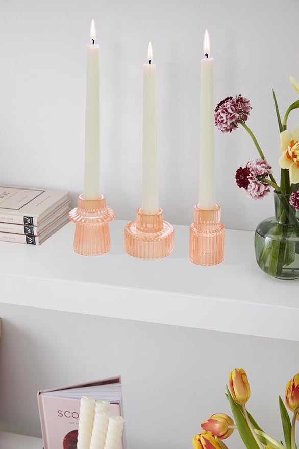 Vixdonos Taper Glass Candlestick Holders Tealight Candle Holders for Table Centerpieces, Wedding Decor and Dinner Party (3 Pcs, Orange Pink)