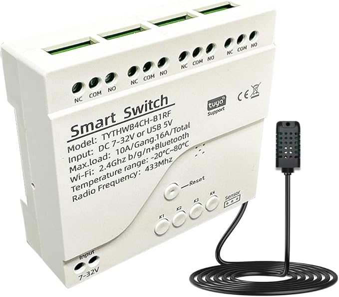 Tuya 4CH WiFi Switch 7-32V Smart Temperature and Humidity Sensor, Dry Contact, Remote Application Control and Monitoring Function, Voice Control, Smart Scene, Compatible with Alexa and Google Home