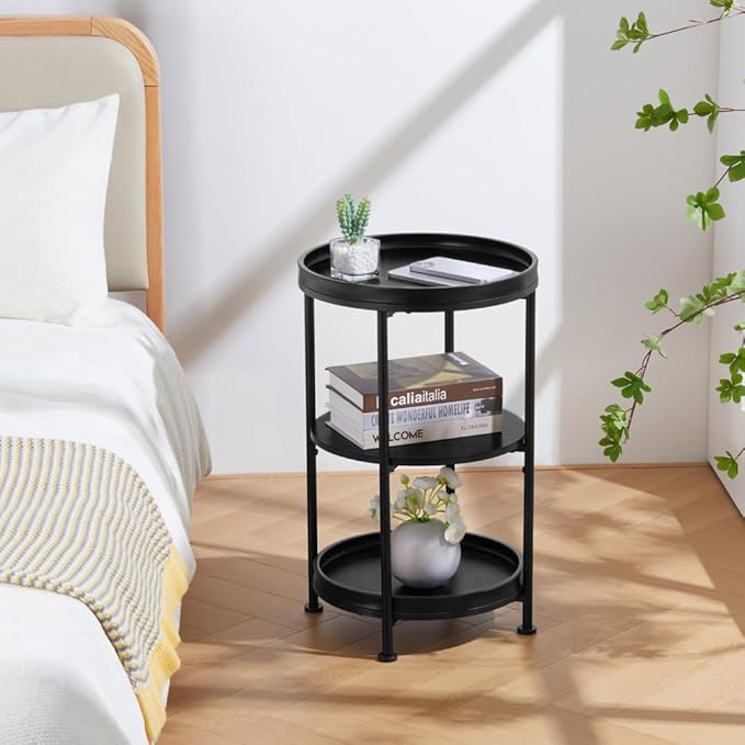 Dulcii Side Table, Round End Table with 3 Shelves for Living Room, Bedroom, Nightstand with Steel Frame for Small Spaces, Industrial Round Sofa Table, Outdoor Accent Coffee Table, Black