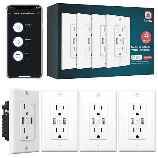 Smart in Wall Outlet, Standard Electrical Outlets with 2 USB Ports & 2 Plugs, Work with Alexa Google Home 15 Amp Outlet ETL FCC for Home Office, 4Pack