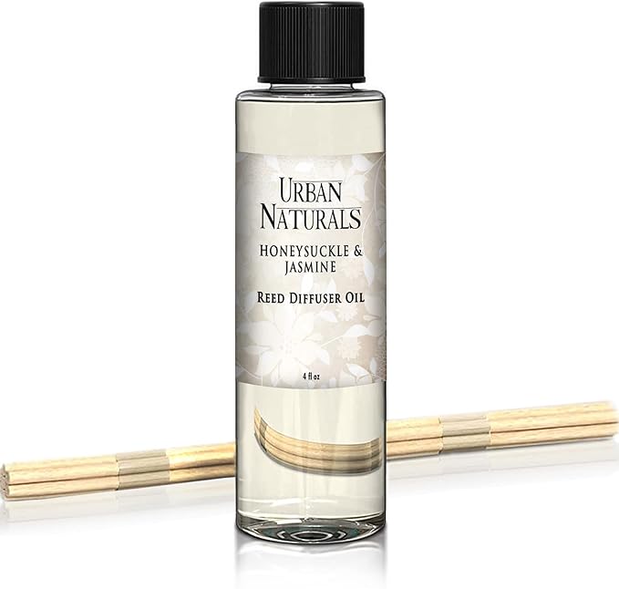 Urban Naturals Honeysuckle & Jasmine Reed Diffuser Oil Refill | Beautiful Floral Fragrance | Hyacinth, Neroli, Iris, Rose & Lily of the Valley | Includes Free Set of Reed Sticks! Made in the USA