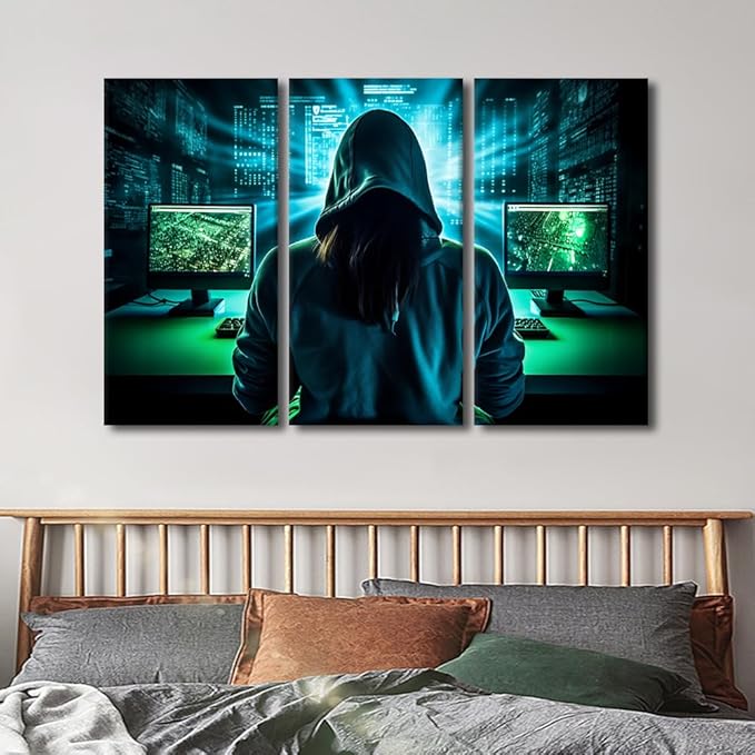 3 Pieces Canvas Wall Art Hacker Malware Picture Hacker Paintings for Wall Decorations AI Big Data Modern Artwork Stretched Canvas Prints Hacker Posters and Prints Framed Ready to Hang, 60"Wx40"H