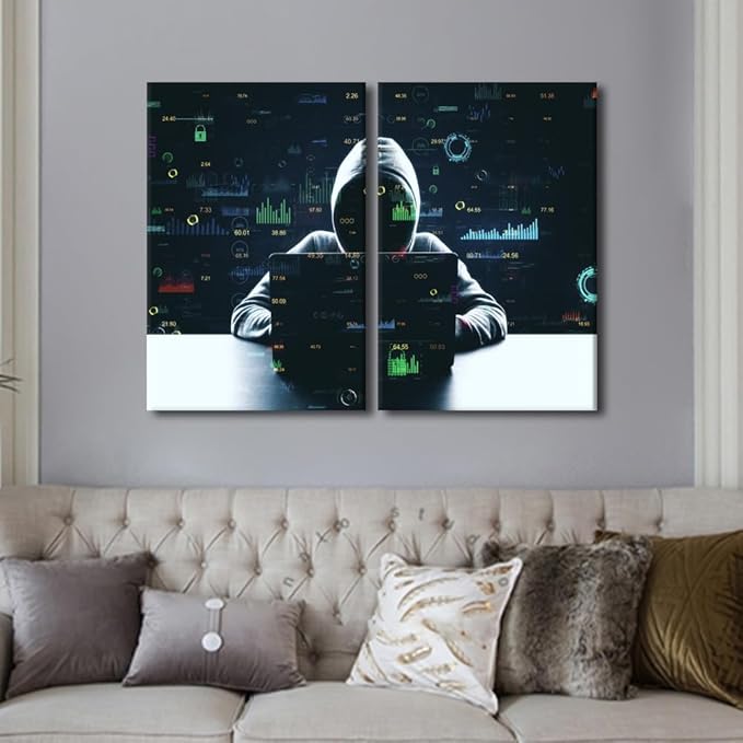 3 Pieces Hacker Malware Wall Art Poster on Canvas Framed Art Paintings Home Decor Big Data Modern Artwork Picture Giclee Print for Modern Home Framed Decoration, 24" Wx16 H