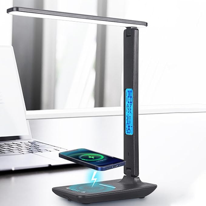 Smart Alarm Clock Lamp with Transparent Display,Wireless Charger Station,Dimmable Table Lamp with 3 Color Modes 5 Brightness,180° Flexible Desk Light for Bedroom,T26 Black.