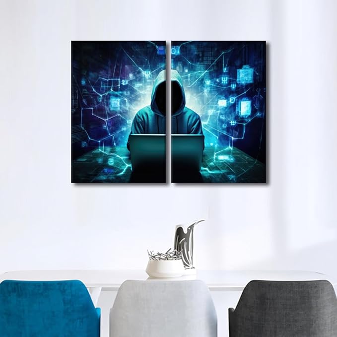 TUMOVO 3 Pieces Wall Art AI Big Data on Canvas Art Prints Hacker Malware Paintings Modern Home Decor Artwork Minimalism Picture Giclee Print for Modern Home Decor, 24" Wx16 H