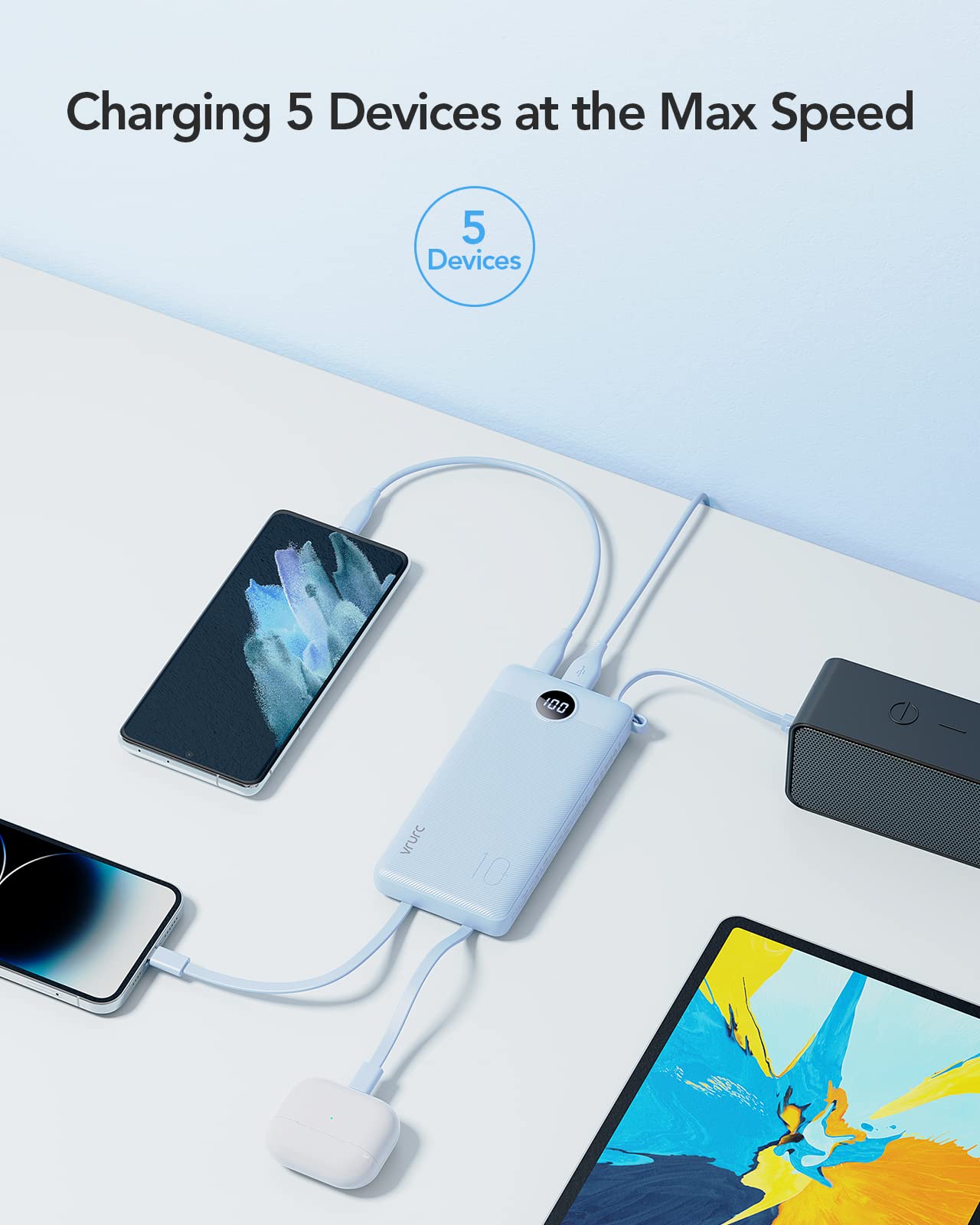 VRURC 10000mAh Power Bank Built-in Cables, Portable Charger with LED Display, Slim Travel Battery Pack with Cords, 5 Output Dual Input Phone Charger for Cell Phone Smart Devcies-Blue(1 Pack)