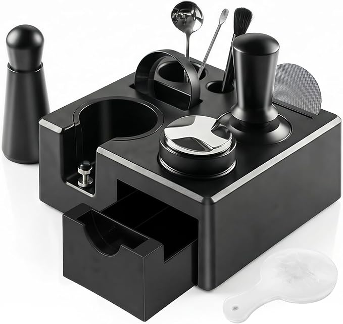 10PCS Espresso Accessories Kit - Espresso Knock Box and Tamping Station,Coffee Tamper,Distributor,WDT,Dosing Funnel,Puck Screen,Brush,Coffee Spoon,Latte Pen,16 Stencils Fits Delonghi 51mm Portafilter