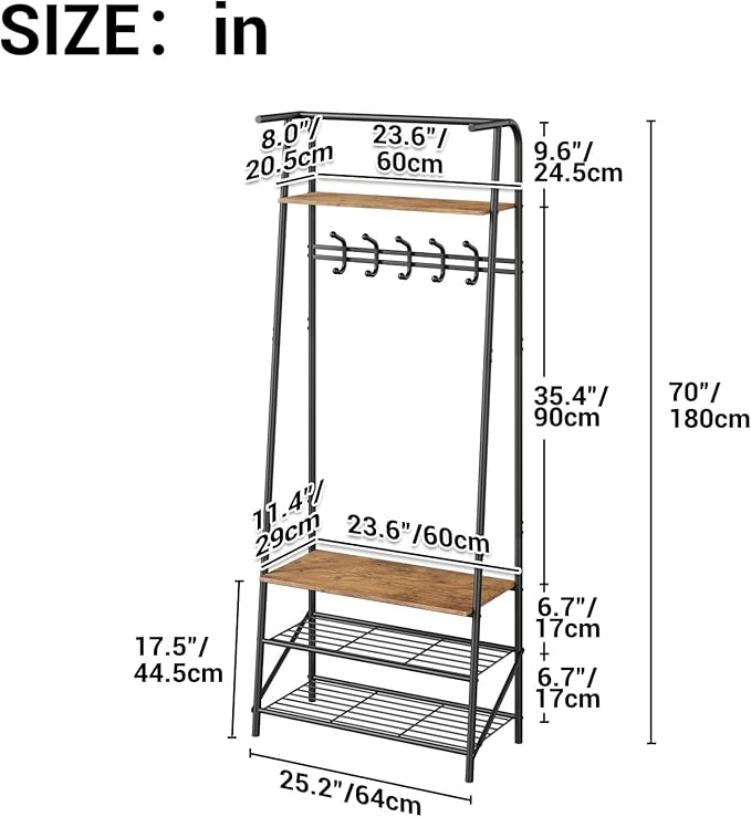 Jojoka 25" Coat Rack, Hall Tree with Shoe Bench and Storage, 4-Tier Shelf with 5 Hooks, Freestanding Metal Entryway Organizer for Hallway, Accent Furniture for Bathroom