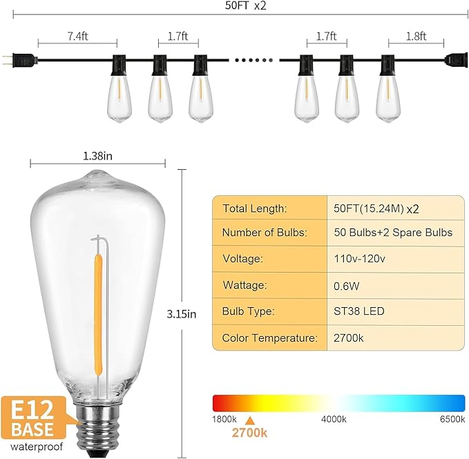 Vocevos 100FT LED Outdoor String Lights with 52 Waterproof Shatterproof ST38 Vintage Edison Bulbs, Outside Lights for Patio Lighting Cafe, Bistro, Backyard, 2700K Dimmable