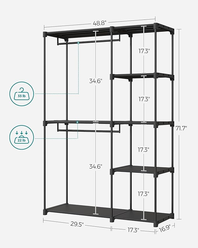 SONGMICS Portable Closet, Freestanding Closet Organizer, Clothes Rack with Shelves, Hanging Rods, Storage Organizer, for Cloakroom, Bedroom, 48.8 x 16.9 x 71.7 Inches, Black URYG026B02