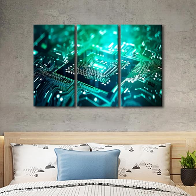 Circuit Board Wall Art Canvas Painting Semiconductor Chip Wall Art Artwork for Home Walls Chip Wall Art 3 Pieces Framed Wall Art Home Office Room Wall Decor Framed Ready to Hang, 42" Wx28 H