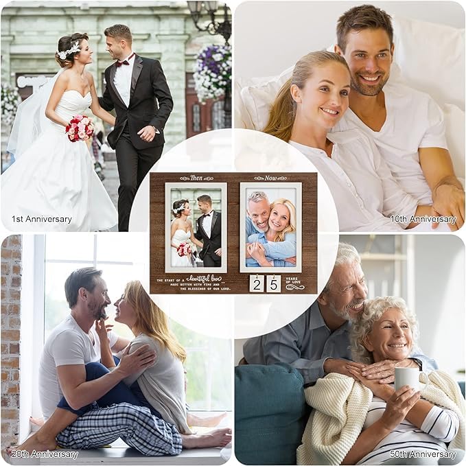 Then & Now Celebrate Years of Love Anniversary Frame, 1-99 Years Wedding Gift Ideas, Engagement Bridal Shower Gifts with Sentimental Quote,Holds 2 4x6 Inches Photos (Then & Now)