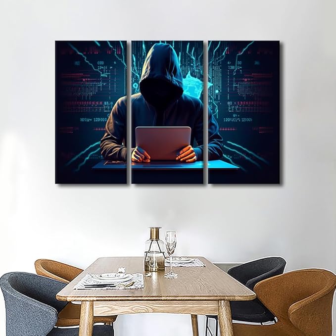 TUMOVO 3 Pieces Canvas Wall Art Canvas Print Hacker Malware Modern Home Decor Big Data Painting Hacker Artwork Stretched and Framed Ready to Hang Posters and Prints, 60" Wx40 H