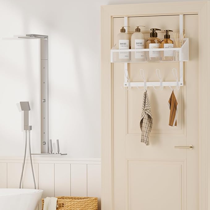 Over The Door Hooks Organizer, Back of Door Organizer with 12 Coat Hooks & Mesh Baskets Over The Door Towel Rack Door Hanger Storage Rack for Bathroom,Kitchen,Bedroom(White)