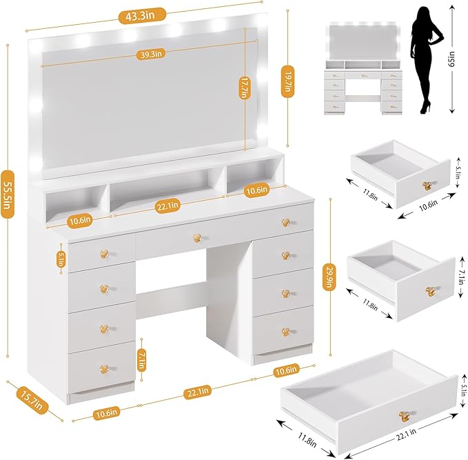 White Vanity with Lighted Mirror, Makeup Vanity Desk with Power Outlet, 9 Drawers & Shelf Storage, 43.3” Large Vanity Desk, Women Girls Vanity Dressing Table for Bedroom Bathroom