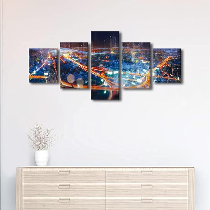 Canvas Wall Art for Office Decor 5 Panel City Lamplight Poster Native Americans Home Decor Artwork Sense of Technology Picture Printing Internet Workers Living Room Office Decor Frame 50x24 Inch